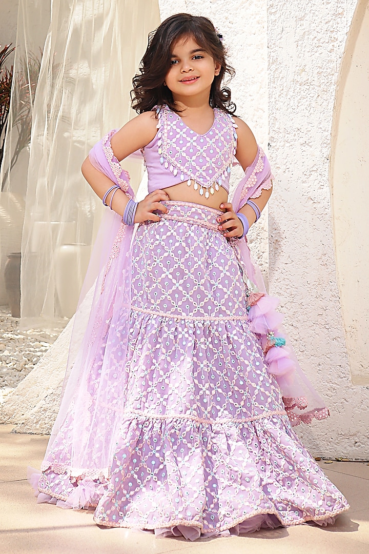 Lilac Georgette Embroidered Lehenga Set For Girls by Fayon Kids at Pernia's Pop Up Shop