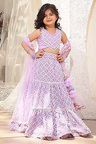 Lilac Georgette Embroidered Lehenga Set For Girls by Fayon Kids