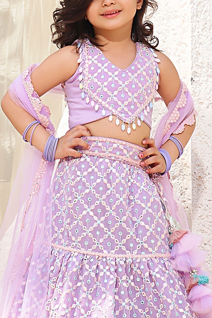 Lilac Georgette Embroidered Lehenga Set For Girls by Fayon Kids at Pernia's Pop Up Shop