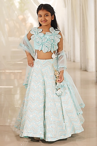 Blue Georgette Embroidered Lehenga Set For Girls by Fayon Kids