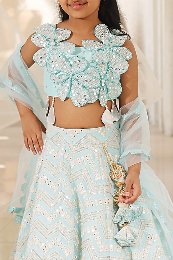 Blue Georgette Embroidered Lehenga Set For Girls by Fayon Kids at Pernia's Pop Up Shop