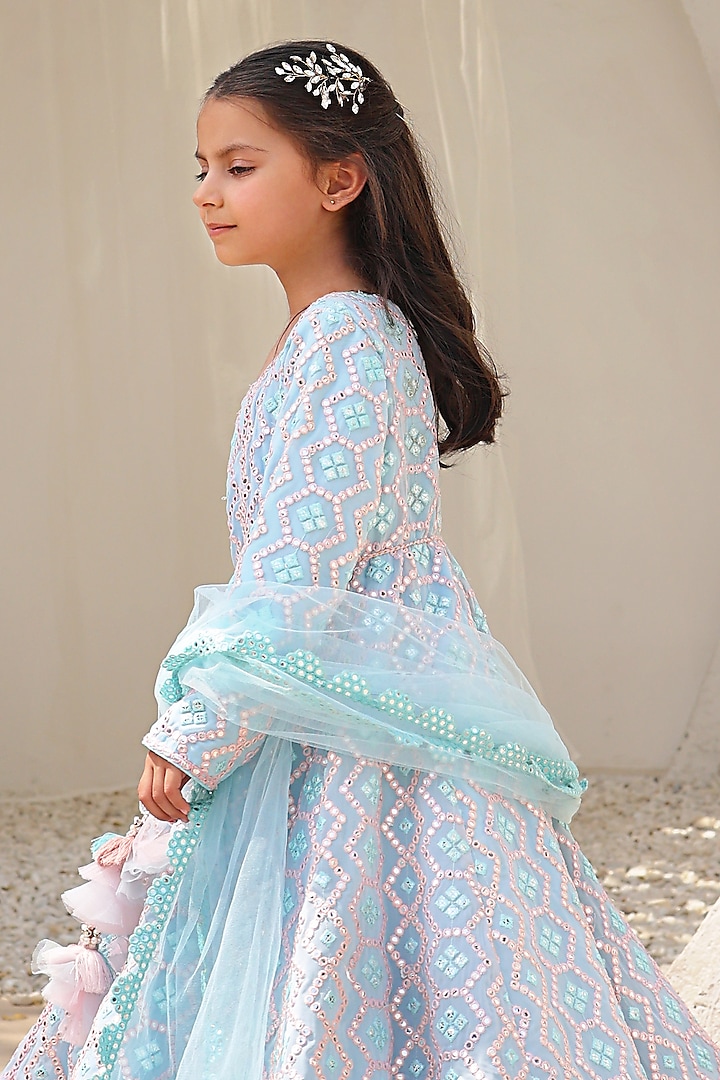 Blue Georgette Embroidered Anarkali Set For Girls by Fayon Kids at Pernia's Pop Up Shop