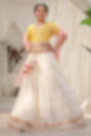 Yellow Net Embroidered Lehenga Set For Girls by Fayon Kids at Pernia's Pop Up Shop