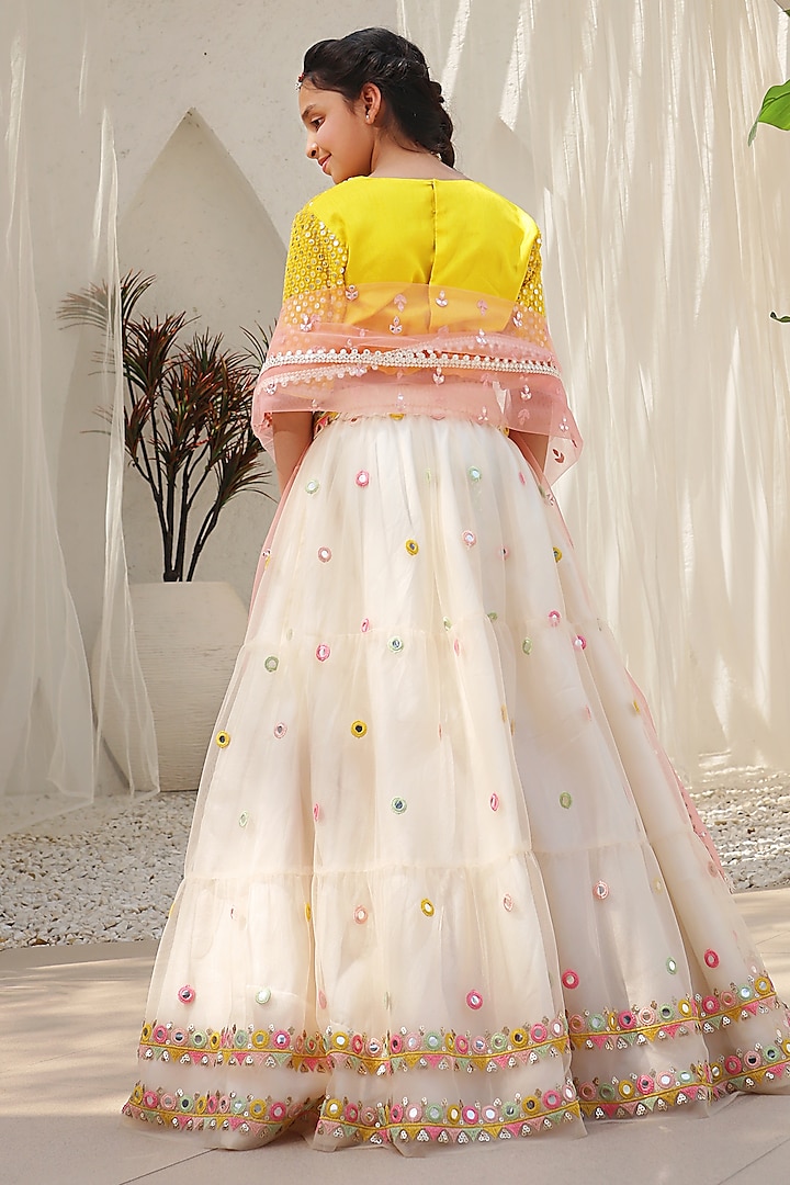 Yellow Net Embroidered Lehenga Set For Girls by Fayon Kids at Pernia's Pop Up Shop