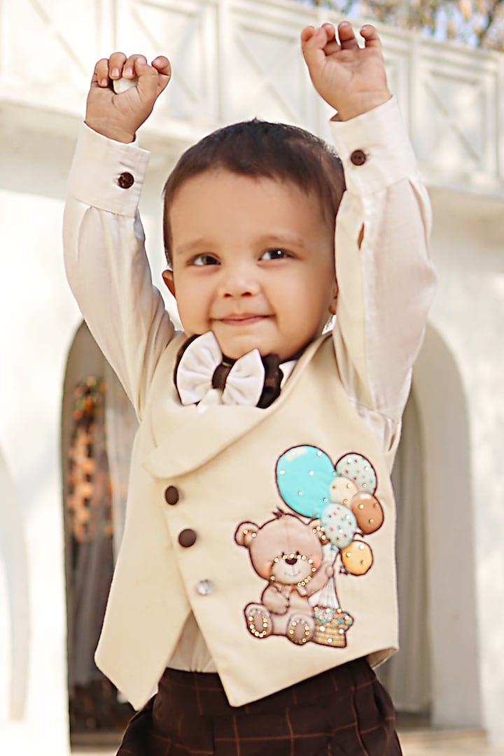 Beige Glace Cotton Embroidered Waistcoat Set For Boys by Fayon Kids at Pernia's Pop Up Shop