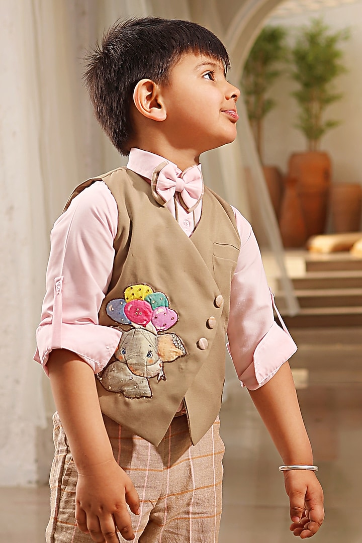 Pink Glace Cotton Embroidered Waistcoat Set For Boys by Fayon Kids at Pernia's Pop Up Shop