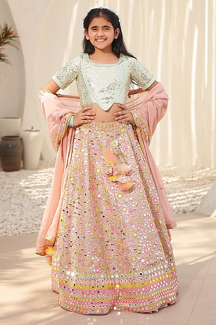 Peach Georgette Mirror Embroidered Lehenga Set For Girls by Fayon Kids at Pernia's Pop Up Shop