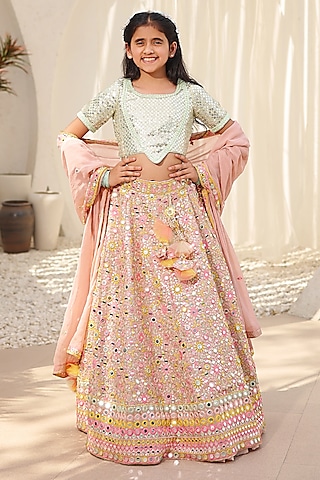Peach Georgette Mirror Embroidered Lehenga Set For Girls by Fayon Kids