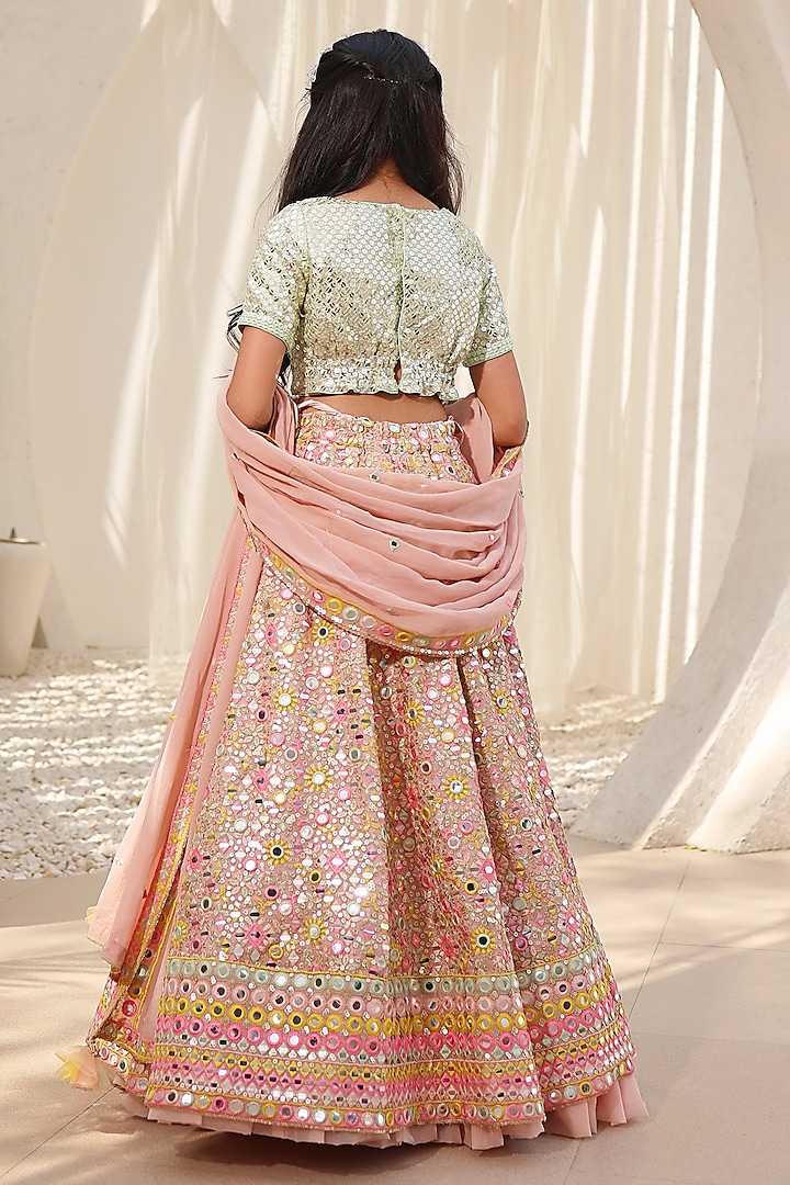 Peach Georgette Mirror Embroidered Lehenga Set For Girls by Fayon Kids at Pernia's Pop Up Shop