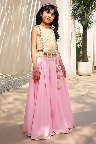 Pink Crepe Palazzo Pants Set For Girls by Fayon Kids