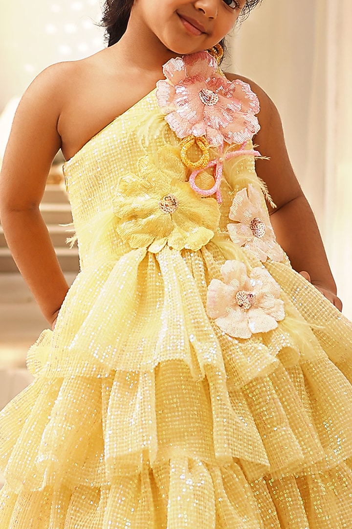 Yellow Sequins Embroidered Dress For Girls by Fayon Kids at Pernia's Pop Up Shop