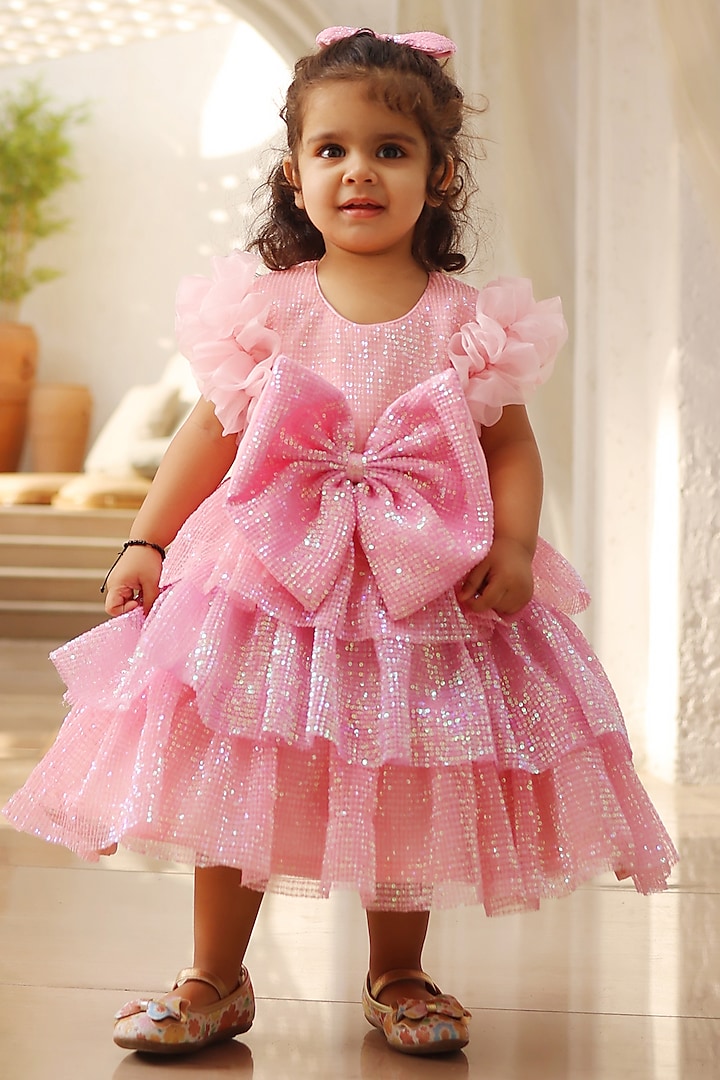 Pink Sequins Embroidered Dress For Girls by Fayon Kids at Pernia's Pop Up Shop