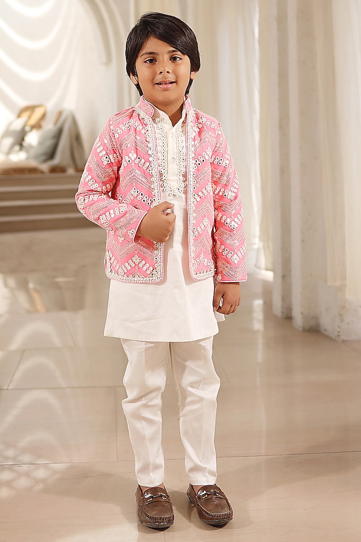 Pink Georgette Embroidered Nehru Jacket Set For Boys by Fayon Kids