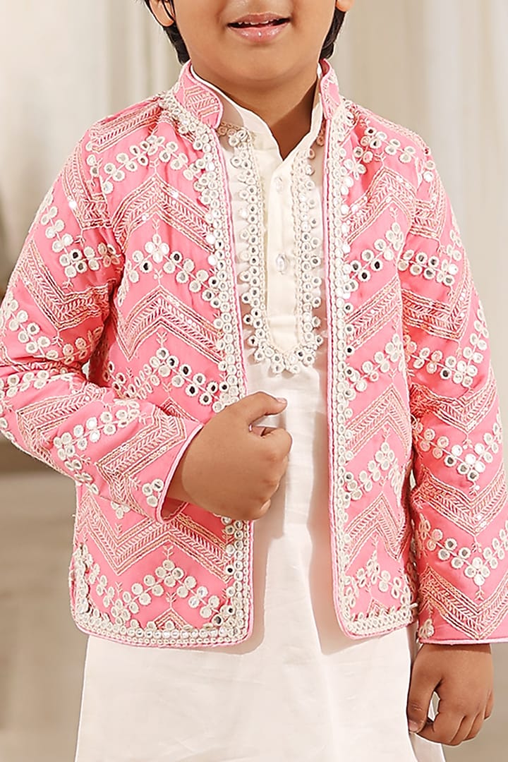 Pink Georgette Embroidered Nehru Jacket Set For Boys by Fayon Kids at Pernia's Pop Up Shop