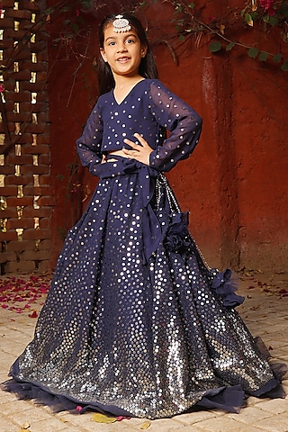 Blue Georgette Embroidered Lehenga Set For Girls by Fayon Kids