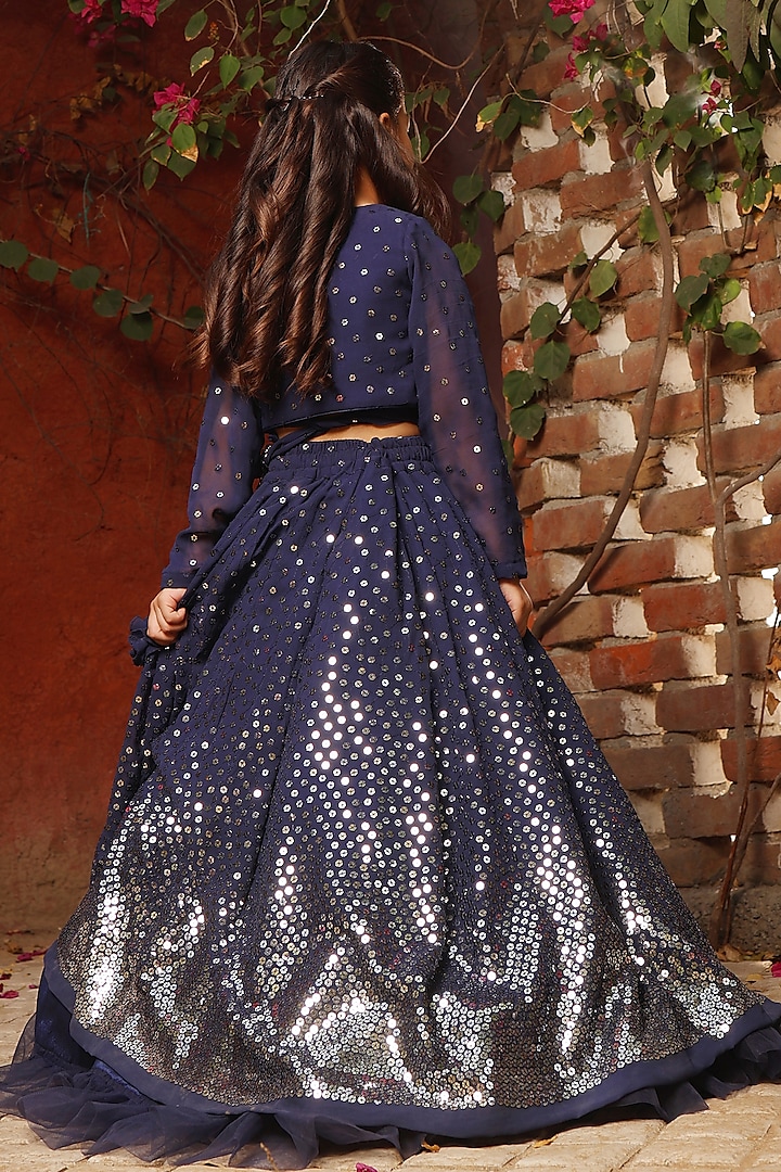 Blue Georgette Embroidered Lehenga Set For Girls by Fayon Kids at Pernia's Pop Up Shop