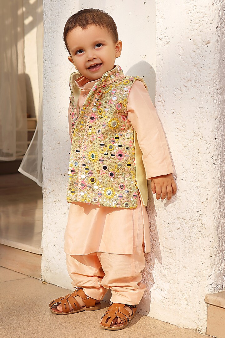 Peach Georgette Embroidered Nehru Jacket Set For Boys by Fayon Kids