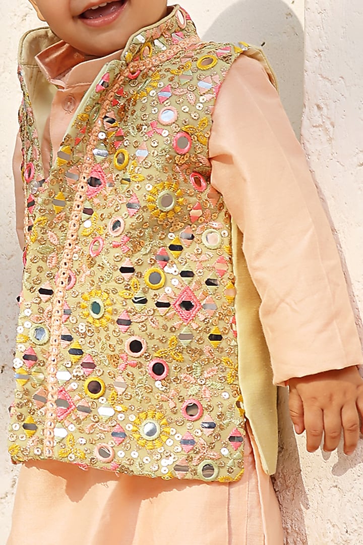 Peach Georgette Embroidered Nehru Jacket Set For Boys by Fayon Kids at Pernia's Pop Up Shop