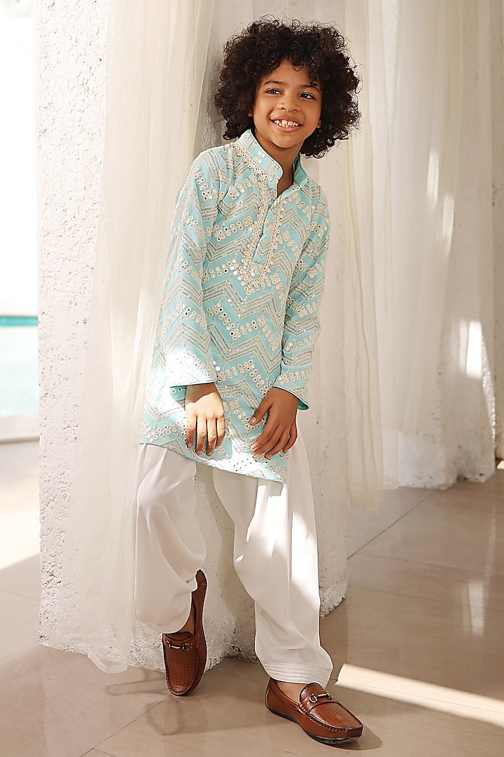 Blue Georgette Mirror Embroidered Kurta Set For Boys by Fayon Kids at Pernia's Pop Up Shop