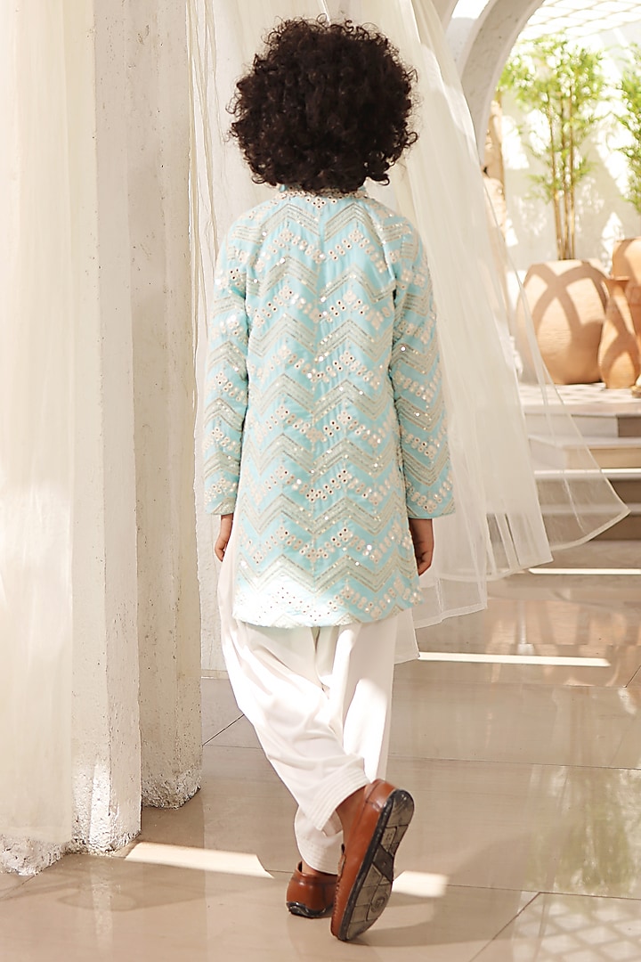 Blue Georgette Mirror Embroidered Kurta Set For Boys by Fayon Kids at Pernia's Pop Up Shop