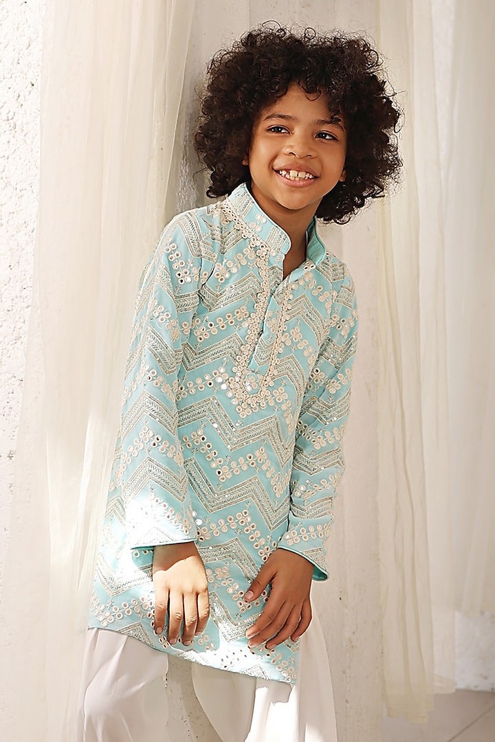 Blue Georgette Mirror Embroidered Kurta Set For Boys by Fayon Kids at Pernia's Pop Up Shop