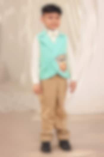 Green Glace Cotton Embroidered Waistcoat Set For Boys by Fayon Kids at Pernia's Pop Up Shop