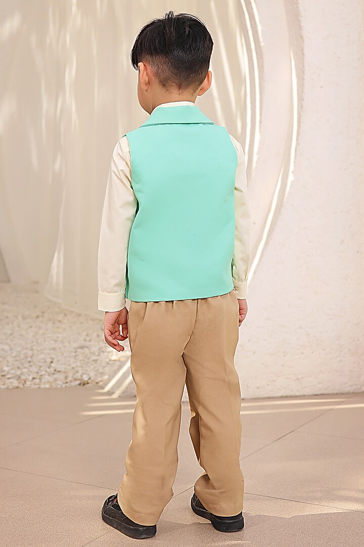 Green Glace Cotton Embroidered Waistcoat Set For Boys by Fayon Kids at Pernia's Pop Up Shop