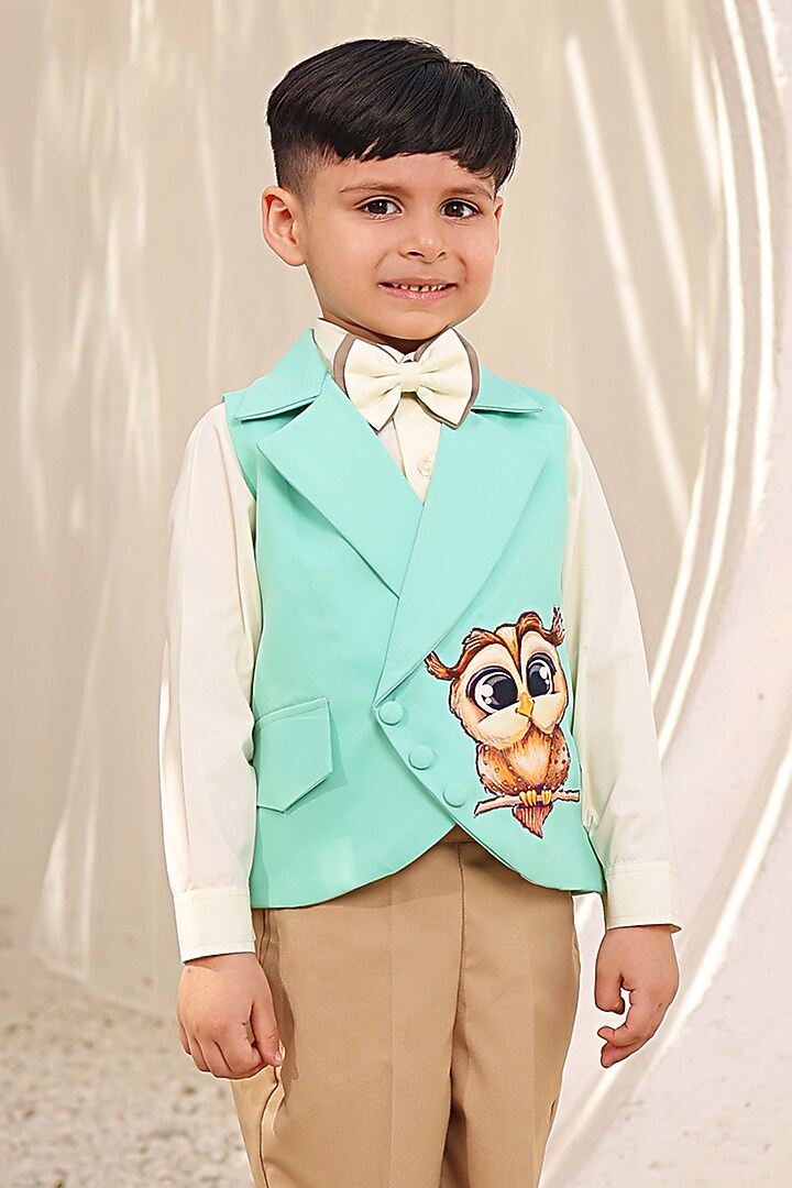 Green Glace Cotton Embroidered Waistcoat Set For Boys by Fayon Kids at Pernia's Pop Up Shop