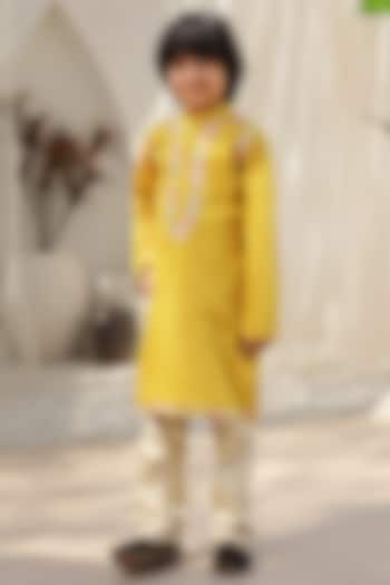 Mustard Glace Cotton Embroidered Kurta Set For Boys by Fayon Kids at Pernia's Pop Up Shop