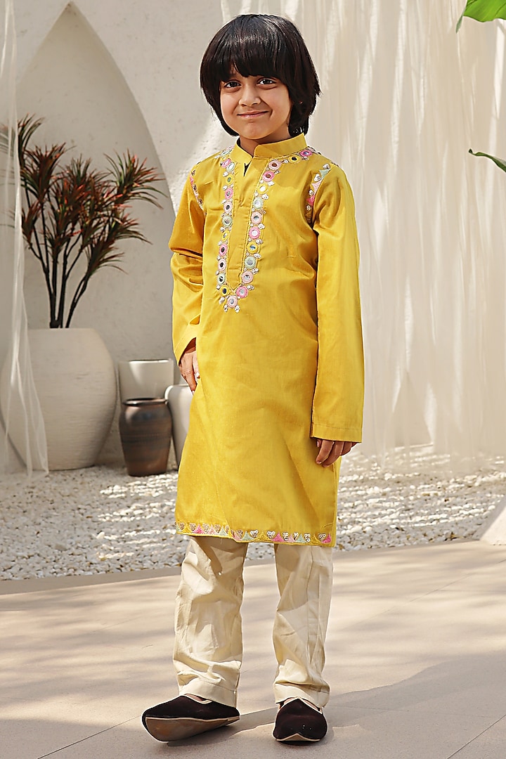 Mustard Glace Cotton Embroidered Kurta Set For Boys by Fayon Kids at Pernia's Pop Up Shop