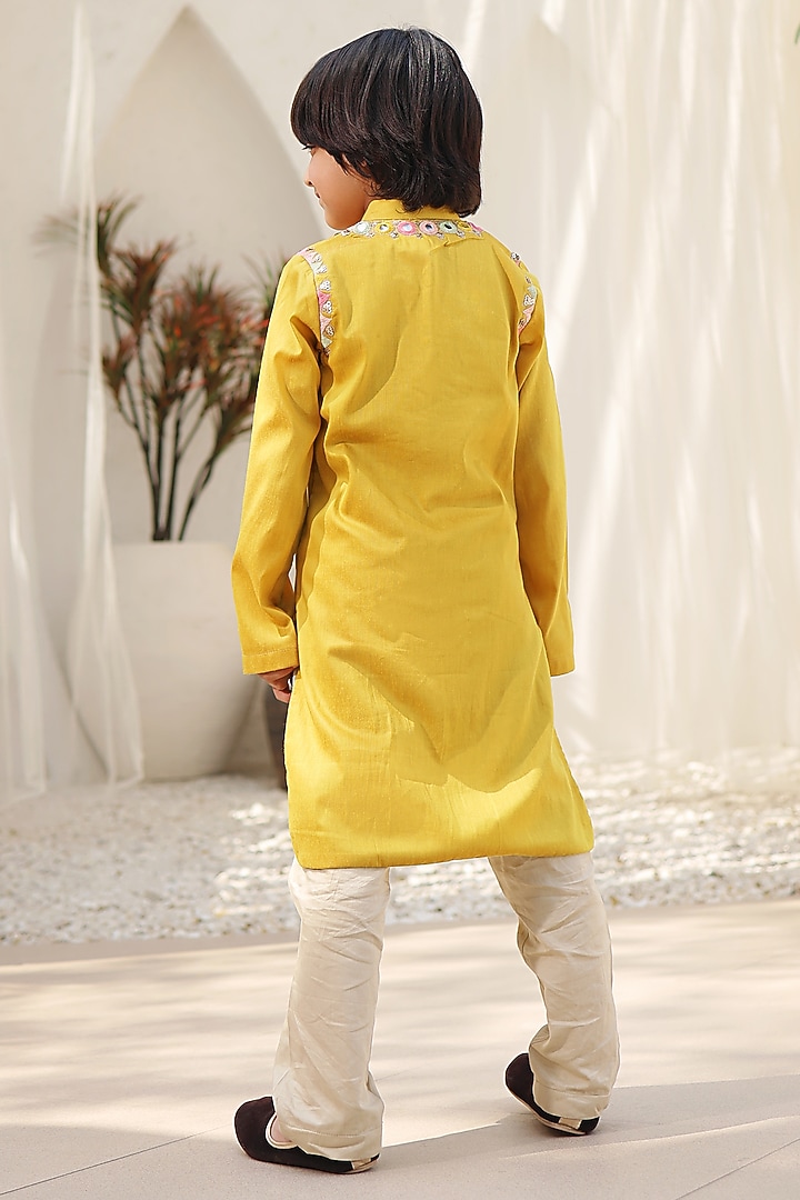 Mustard Glace Cotton Embroidered Kurta Set For Boys by Fayon Kids at Pernia's Pop Up Shop