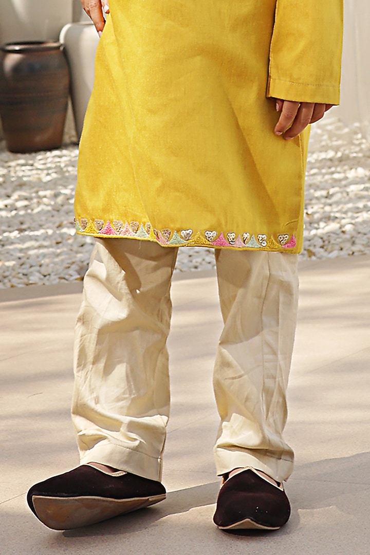 Mustard Glace Cotton Embroidered Kurta Set For Boys by Fayon Kids at Pernia's Pop Up Shop