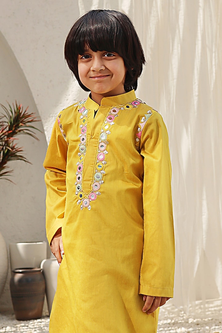 Mustard Glace Cotton Embroidered Kurta Set For Boys by Fayon Kids at Pernia's Pop Up Shop