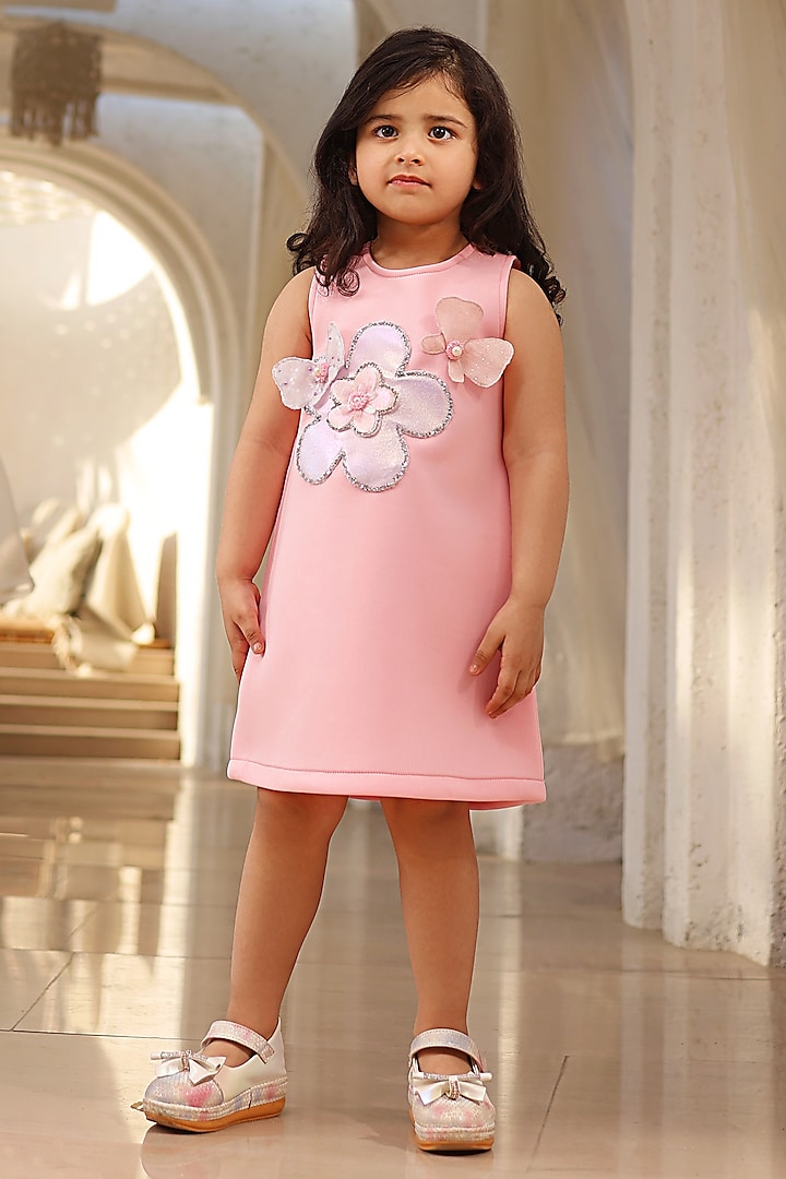 Baby Pink Neoprene 3D Floral Embroidered Dress For Girls by Fayon Kids at Pernia's Pop Up Shop