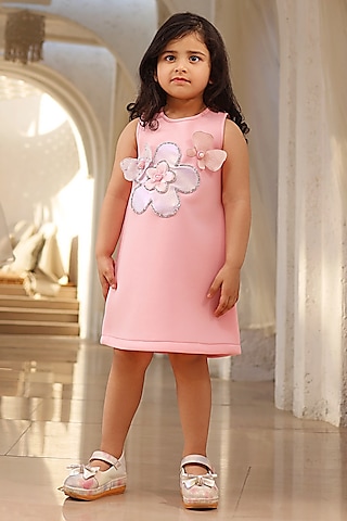Baby Pink Neoprene 3D Floral Embroidered Dress For Girls by Fayon Kids