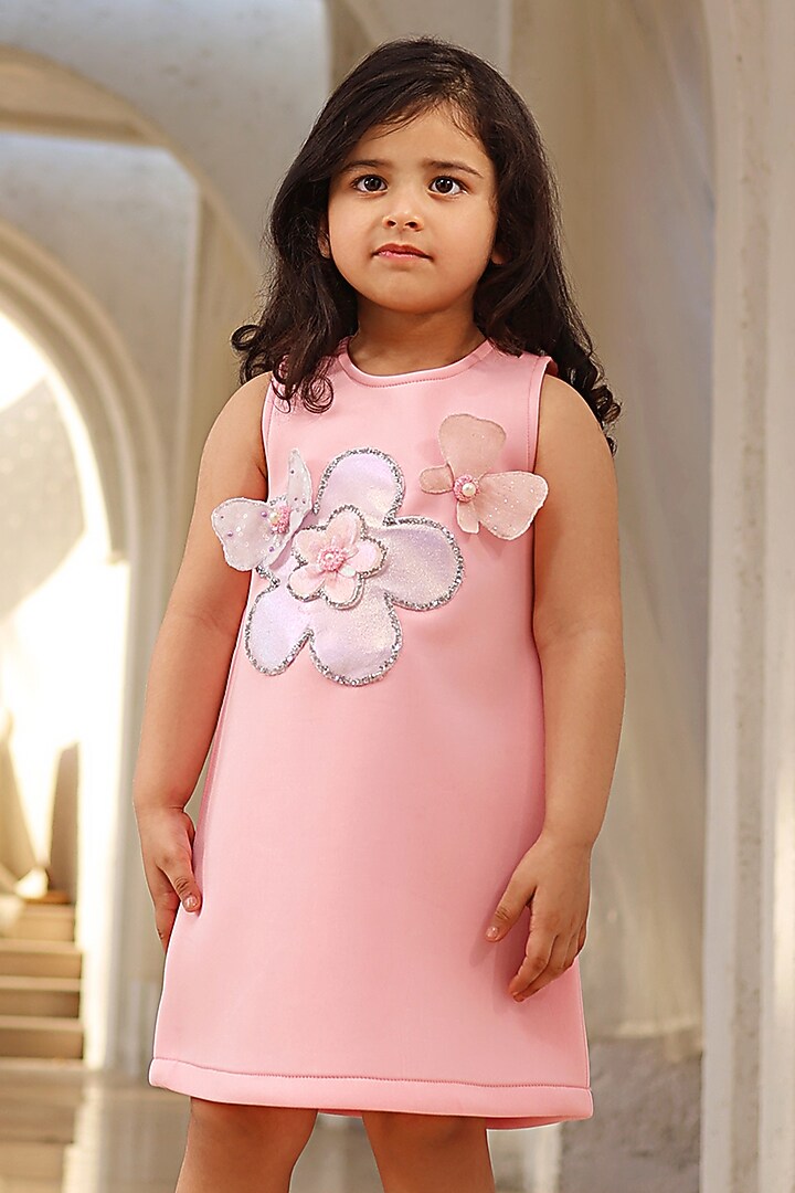 Baby Pink Neoprene 3D Floral Embroidered Dress For Girls by Fayon Kids at Pernia's Pop Up Shop