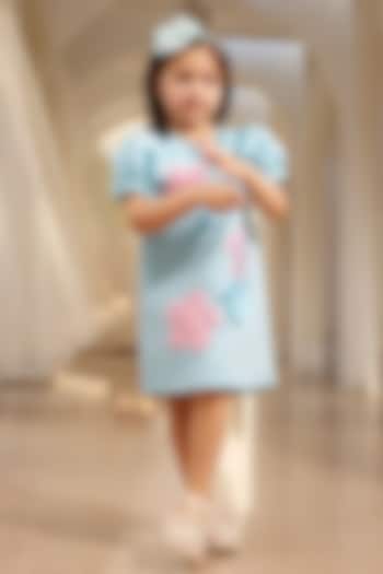 Blue Neoprene 3D Floral Embroidered Dress For Girls by Fayon Kids at Pernia's Pop Up Shop