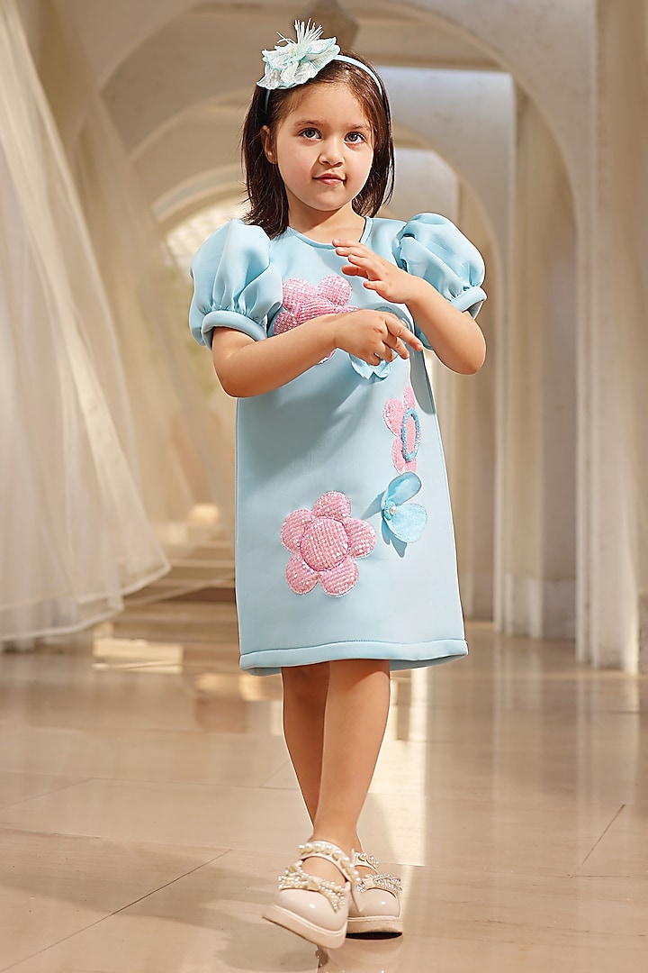 Blue Neoprene 3D Floral Embroidered Dress For Girls by Fayon Kids at Pernia's Pop Up Shop