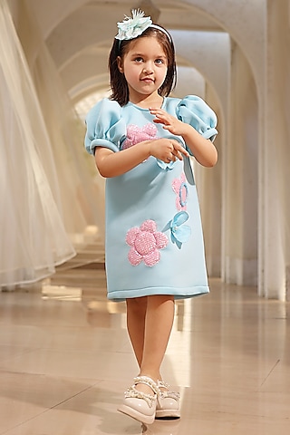 Blue Neoprene 3D Floral Embroidered Dress For Girls by Fayon Kids