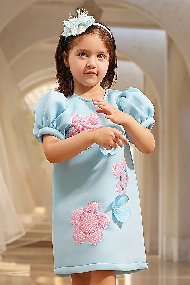 Blue Neoprene 3D Floral Embroidered Dress For Girls by Fayon Kids at Pernia's Pop Up Shop