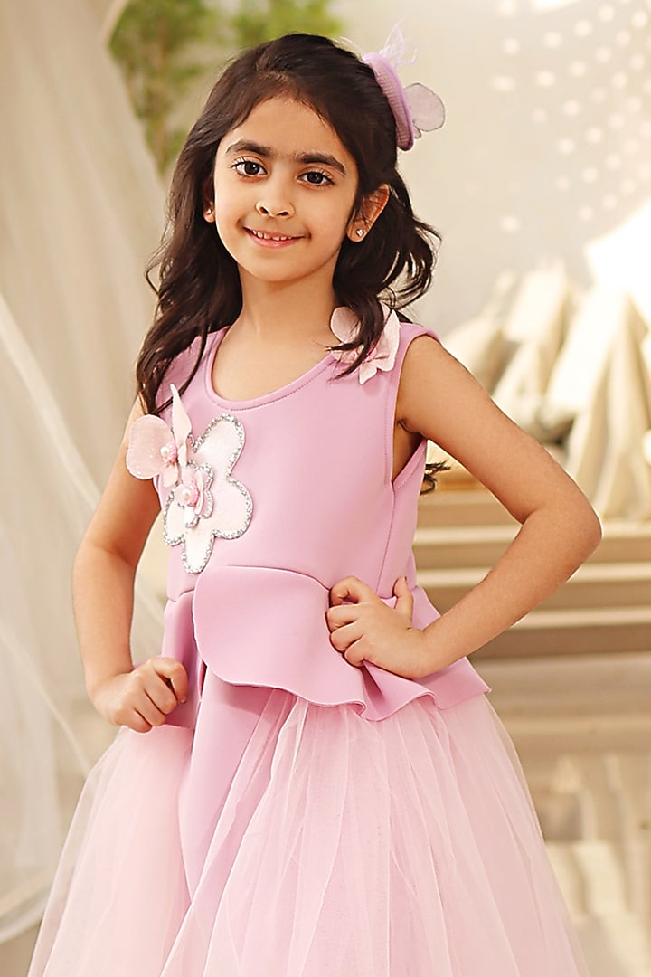 Lilac Neoprene 3D Floral Embroidered Dress For Girls by Fayon Kids at Pernia's Pop Up Shop