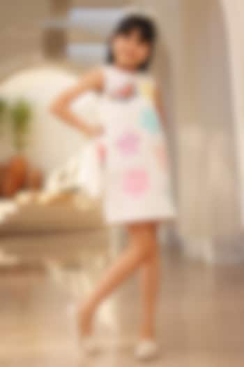 White Neoprene 3D Floral Embroidered Dress For Girls by Fayon Kids at Pernia's Pop Up Shop