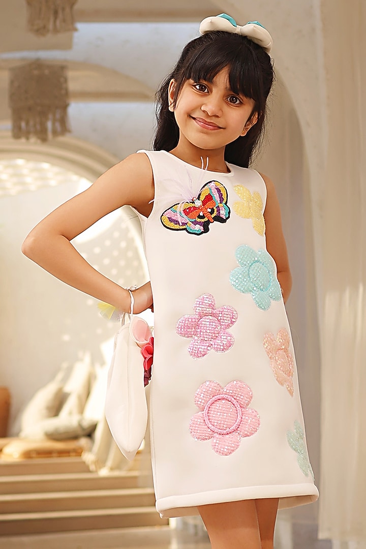 White Neoprene 3D Floral Embroidered Dress For Girls by Fayon Kids at Pernia's Pop Up Shop