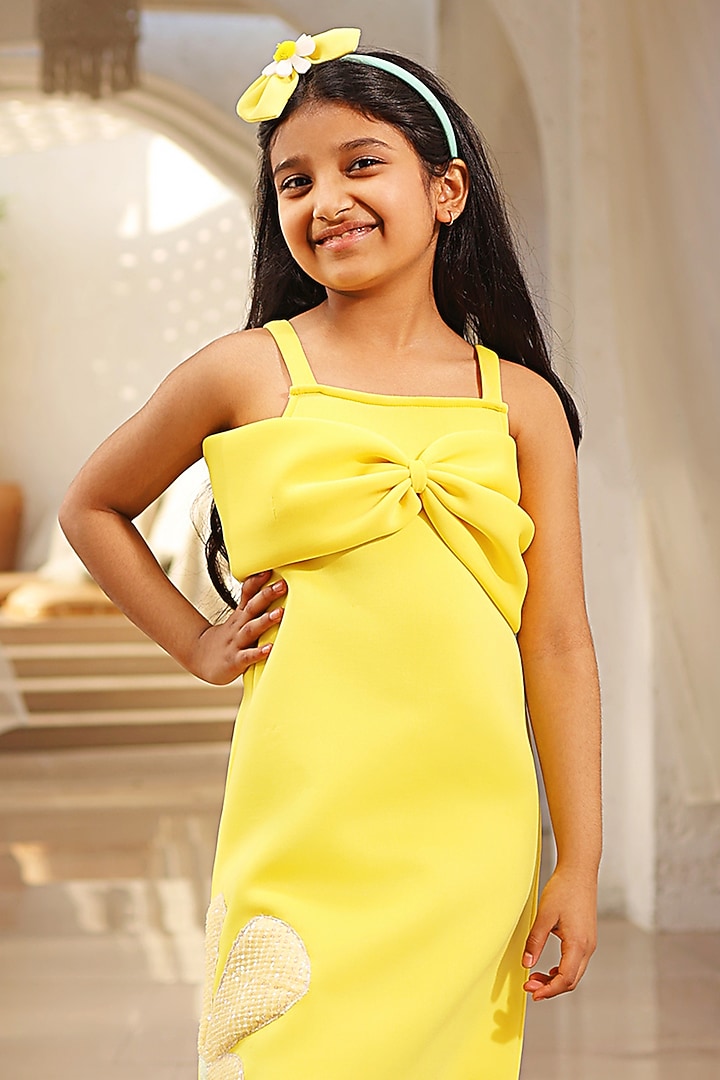 Yellow Neoprene Embroidered Dress For Girls by Fayon Kids at Pernia's Pop Up Shop