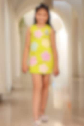 Green Neoprene Floral Embroidered Dress For Girls by Fayon Kids at Pernia's Pop Up Shop