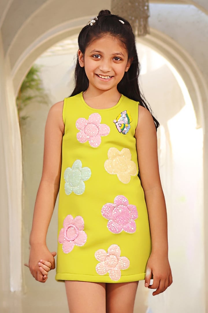 Green Neoprene Floral Embroidered Dress For Girls by Fayon Kids at Pernia's Pop Up Shop