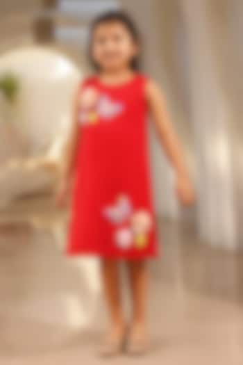 Red Neoprene 3D Floral Embroidered Dress For Girls by Fayon Kids at Pernia's Pop Up Shop