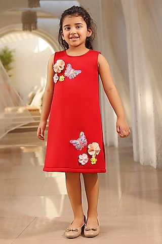 Red Neoprene 3D Floral Embroidered Dress For Girls by Fayon Kids