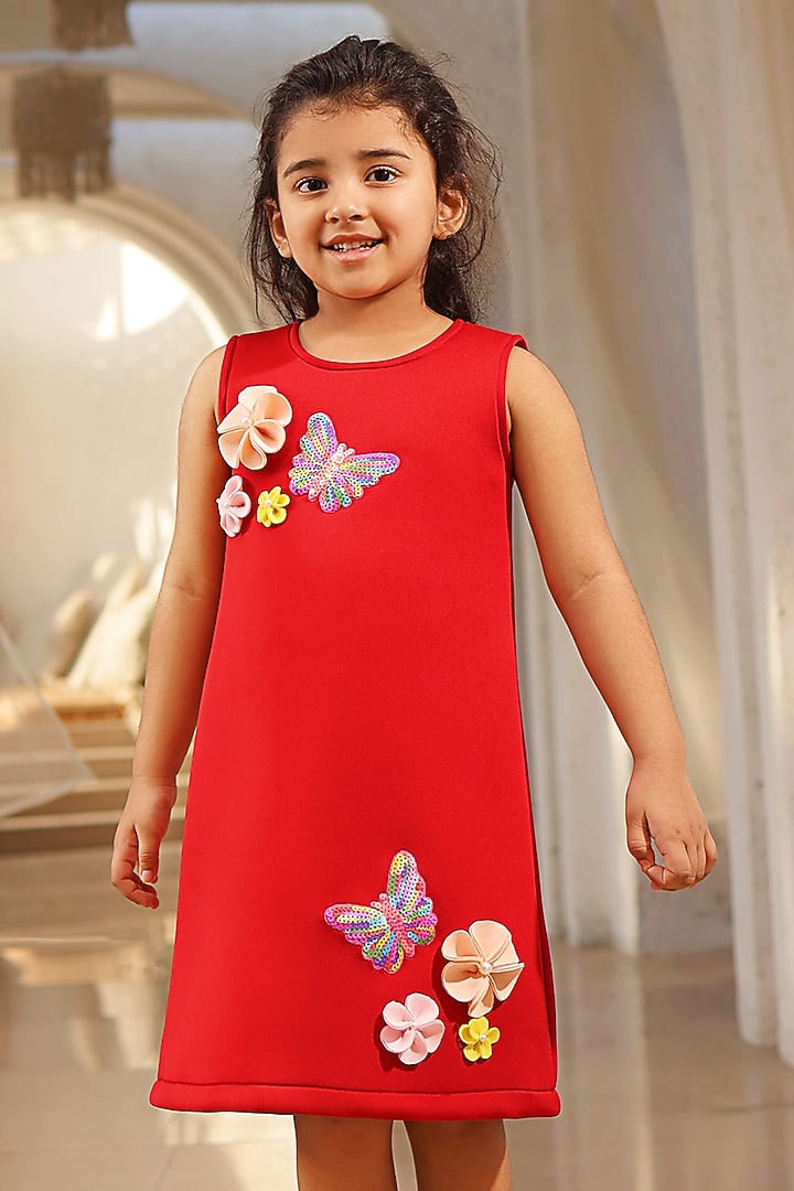 Red Neoprene 3D Floral Embroidered Dress For Girls by Fayon Kids at Pernia's Pop Up Shop