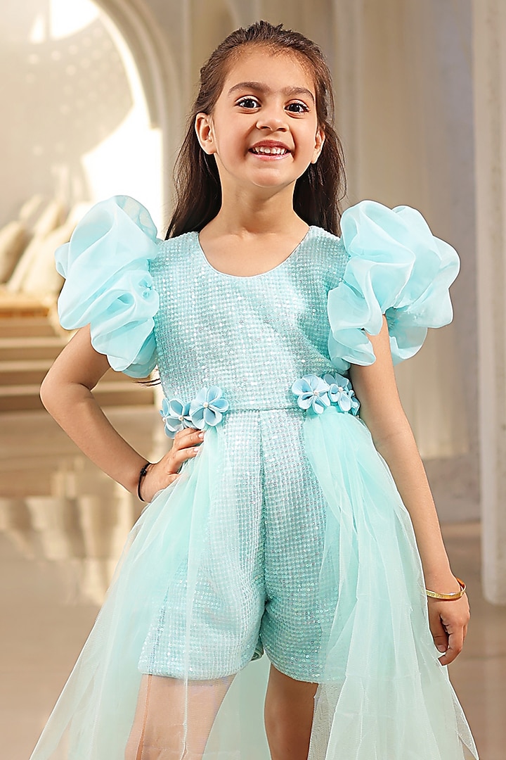 Blue Net Sequins Embroidered Romper For Girls by Fayon Kids at Pernia's Pop Up Shop